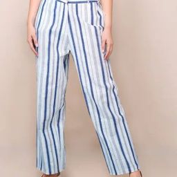 Zink London Blue Cotton Loose Fit Striped Trousers-picture-35