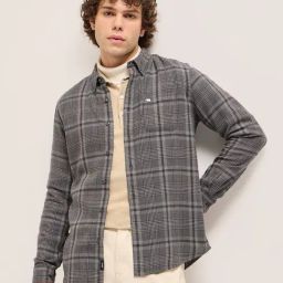The Bear House Grey Cotton Blend Slim Fit Checks Casual Shirt-image-16