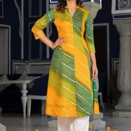 Varanga Mustard & Green Cotton Printed A Line Kurta-image-1