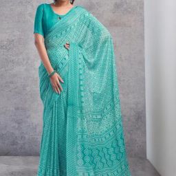 Satrani Turquoise Printed Saree With Unstitched Blouse-picture-35