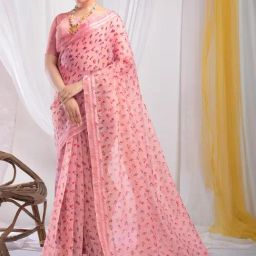 Satrani Pink Floral Print Saree With Unstitched Blouse-image-28
