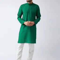 SOJANYA Men Green & Off-White Solid Kurta with Churidar-2