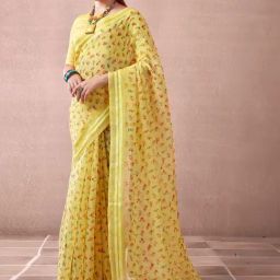 Satrani Yellow Floral Print Saree With Unstitched Blouse-picture-33
