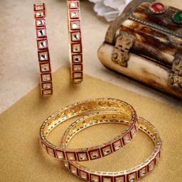 NVR Gold Plated Red Kundan Studded Traditional Bangles for Women Set of 4-15