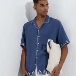 ETA by Westside Blue Embroidered Relaxed-Fit Cotton Shirt-image-76