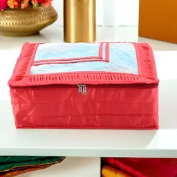 Aura Red & Transparent Frill Top Window Satin Saree Bag Organisers-35