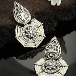 Panash Oxidized Silver Toned Stone Studded Pearl Drop Earring-27