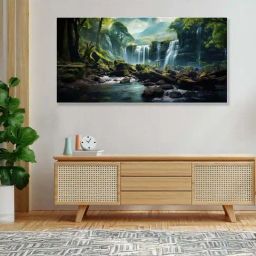 Nestroots Multicolor Canvas Serene Forest Wild Waterfall Wall Painting - White Floating Frame-23