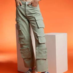Belliskey Light Green Denim Regular Fit High Rise Cargo Jeans-image-48