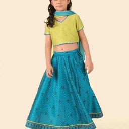Fabindia Girls Teal Cotton Silk Hand Block Printed Choli, Lehenga & Dupatta Set-image-23