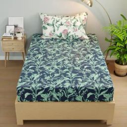 KOPA Navy & Green Microfibre Floral 192 TC Single Bedsheet with 1 Pillow Cover-23