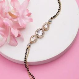 NVR Gold Plated & Black Brass AD Studded Hand Mangalsutra Link Bracelet-image-33
