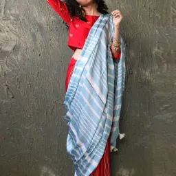 Chidiyaa Red & Blue Block Printed Modal Silk Saree image 4
