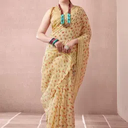 Satrani Beige Floral Print Saree With Unstitched Blouse-image-12