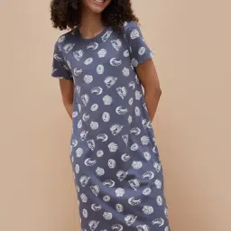 Ginger By Lifestyle Dark Blue Cotton Regular Fit Printed Nighties-picture-42