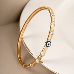 PALMONAS Women 925 Sterling Silver Gold-Plated Cubic Zirconia Evil Eye Kada Bracelet-image-15