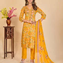 Larqi Floral Embroidered V-Neck Patchwork Pure Cotton Kurta With Trousers & Dupatta-picture-20