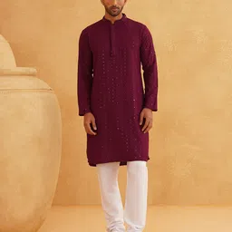 SOJANYA Chevron Embroidered Sequinned Mandarin Collar Pure Cotton Kurta With Churidar-picture-37