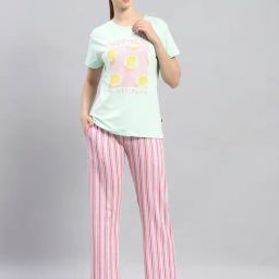 Monte Carlo Light Green & Pink Printed T-Shirt With Pyjamas-image-40