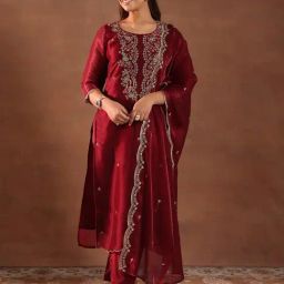 Libas Maroon Embroidered Kurta with Trousers & Dupatta-picture-26