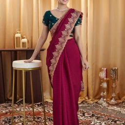 Satrani Red Silk Blend Embroidered Saree With Unstitched Blouse-image-38