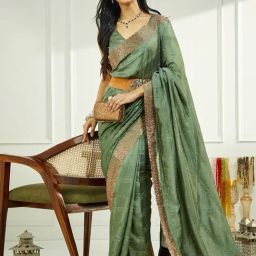 Satrani Green Silk Blend Embellished Saree With Unstitched Blouse-image-21
