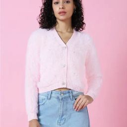 SHOWOFF Pink Embellished Crop Cardigan-22