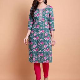 RI AND SU Floral Printed Round Neck Sequinned Pure Cotton Straight Kurta-image-59