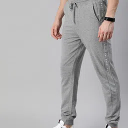 Harvard Men Grey Melange Straight Fit Solid Joggers with Printed Detail-picture-12