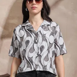 all about you Women Abstract Printed Lapel Collar Boxy Crop Top-picture-23
