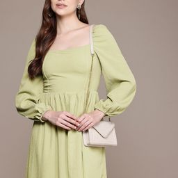 French Connection Square Neck Puff Sleeves Gathered or Pleated Smocked A-Line Midi Dress-image-5
