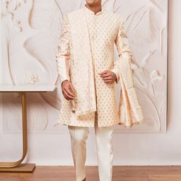 VASTRAMAY Men Mandarin Collar Neck Sherwani With Pyjama & Dupatta Set-picture-35