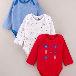I Bears Cotton Full Sleeves Onesies Multiprint Pack of 3 - Blue White Red-image-93