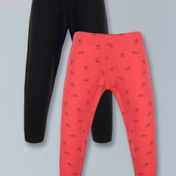 Plum Tree Pack Of 2 Solid & Bees Printed Leggings - Coral Black-image-16