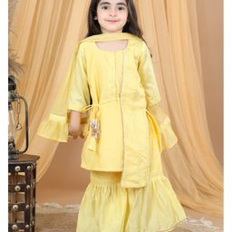 Kinder Kids  Full Sleeves  Gota Lace Embellished & Motif Detailed Embroidered Side Tie Up Kurta With Coordinating Sharara & Dupatta - Yellow-image-4