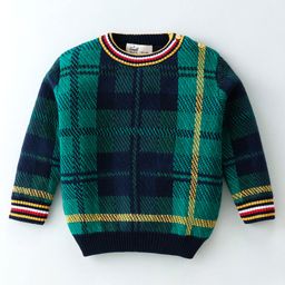 Simply Cotton Knit Full Sleeves Sweater with Checkered Design - Green & Blue-image-62