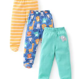 Babyhug Cotton Knit Bootie Legging with Animals Print Pack of 3 - Yellow Navy Blue & Green-image-97