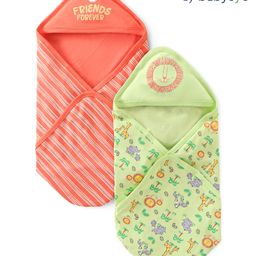 Babyoye 100% Cotton Woven Interlock Hooded Towel Cum Wrapper with Strip & Animal Print Pack of 2 L 83 x B 81 cm- Multicolor-picture-5