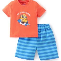 Babyhug Cotton Single Jersey Knit Half Sleeves Night Suit Bird Print - Blue & Orange-image-32