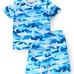 Babyhug Cotton Knit Half Sleeves Sharks Printed Night Suit - Blue-picture-49