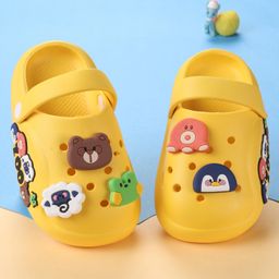 Oh! Pair Clogs with  Back Strap Closure with Teddy Bear Penguin Applique -Yellow-picture-2