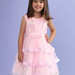 Babyhug Woven Sleeveless Layered Party Wear Tiered Dress with Sequined Yoke & Corsage - Peach-image-75
