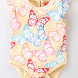 Babyhug 100% Cotton Knit Frill Sleeves Butterfly Printed Onesie - Yellow-picture-29
