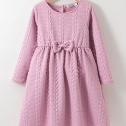 Kookie Kids Full Sleeves Woollen Party Frock with Cable Knit Design & Bow Applique - Pink-image-64