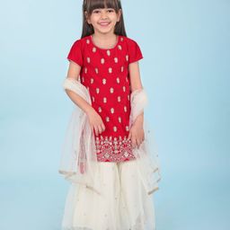 Babyhug Woven Short Sleeves Chanderi Embroidered Kurti With Sequenced Net Embroidered Sharara & Dupatta Set  With Tassle Detailing - Red-image-4