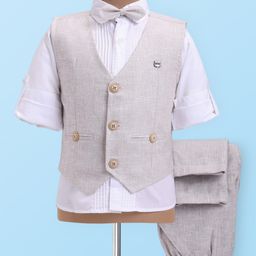 JASH KIDS Cotton Woven Full Sleeves 3 Piece Party Suit with Bow & Pintuck Detailing - Light Grey-image-16