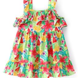 BabyhugCotton Woven Sleeveless Frock with Floral Print & Frill Detailing - Multicolor-image-4
