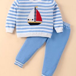 Simply Knitted Full Sleeves Striped Pullover Sweater & Pant Set with Boat Design - Light Blue-image-31