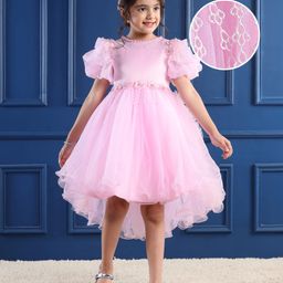 Mark & Mia Half Puffed Sleeves Solid Colour Party Frock with Floral Applique & Pearl Detailing- Pink-image-68