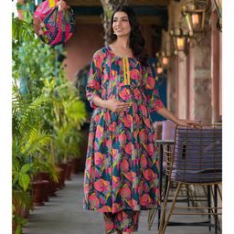 Aujjessa Cotton Three Fourth Sleeves Floral Printed & Lace Embellished Maternity Kurta Set with Concealed Zipper Nursing Access  Melange Pink-image-98
